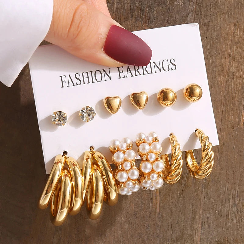 Gold Color Vintage Geometry Pearl Earrings Set Metal Twine Square Dangle Earrings Round for Women Simple Trendy Party Jewelry