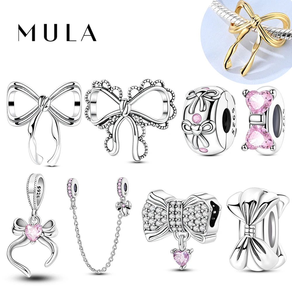 MULA 1PC 925 Sterling Silver Bow Charms Pendant Fit Original 925 Snake Chain Bracelet DIY Fine For Women Jewelry Making Gift