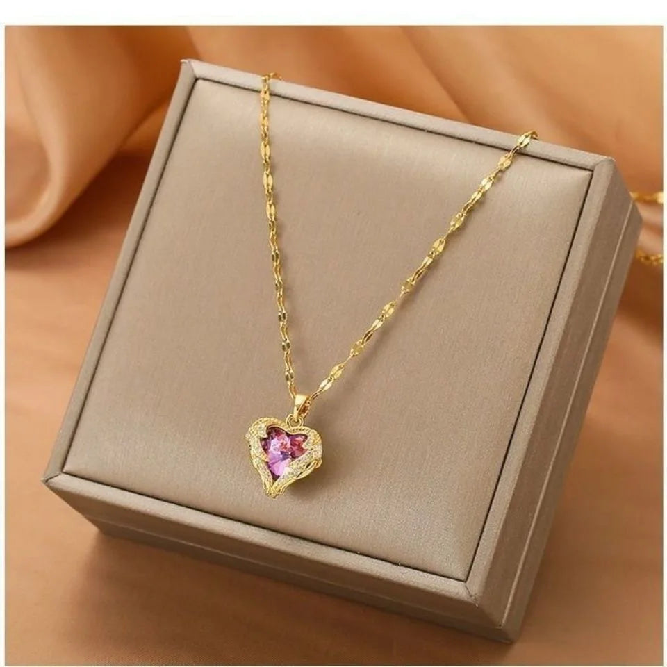 Iridescent Heart Necklace - Gold-Tone Alloy, Colorful Shimmering Heart Pendant, Cubic Zirconia Accents, Dainty Chain Fashion