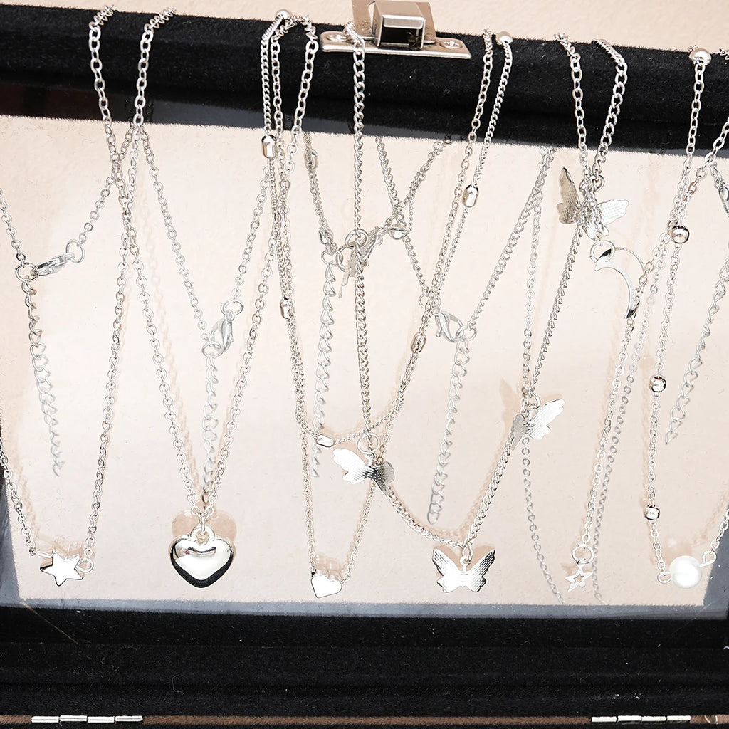 51 Pcs/Set Silver Color Chic Jewelry Set for Women Fashion Butterfly Heart Pearl Necklaces, Earrings, Rings, Match Daily Outfits