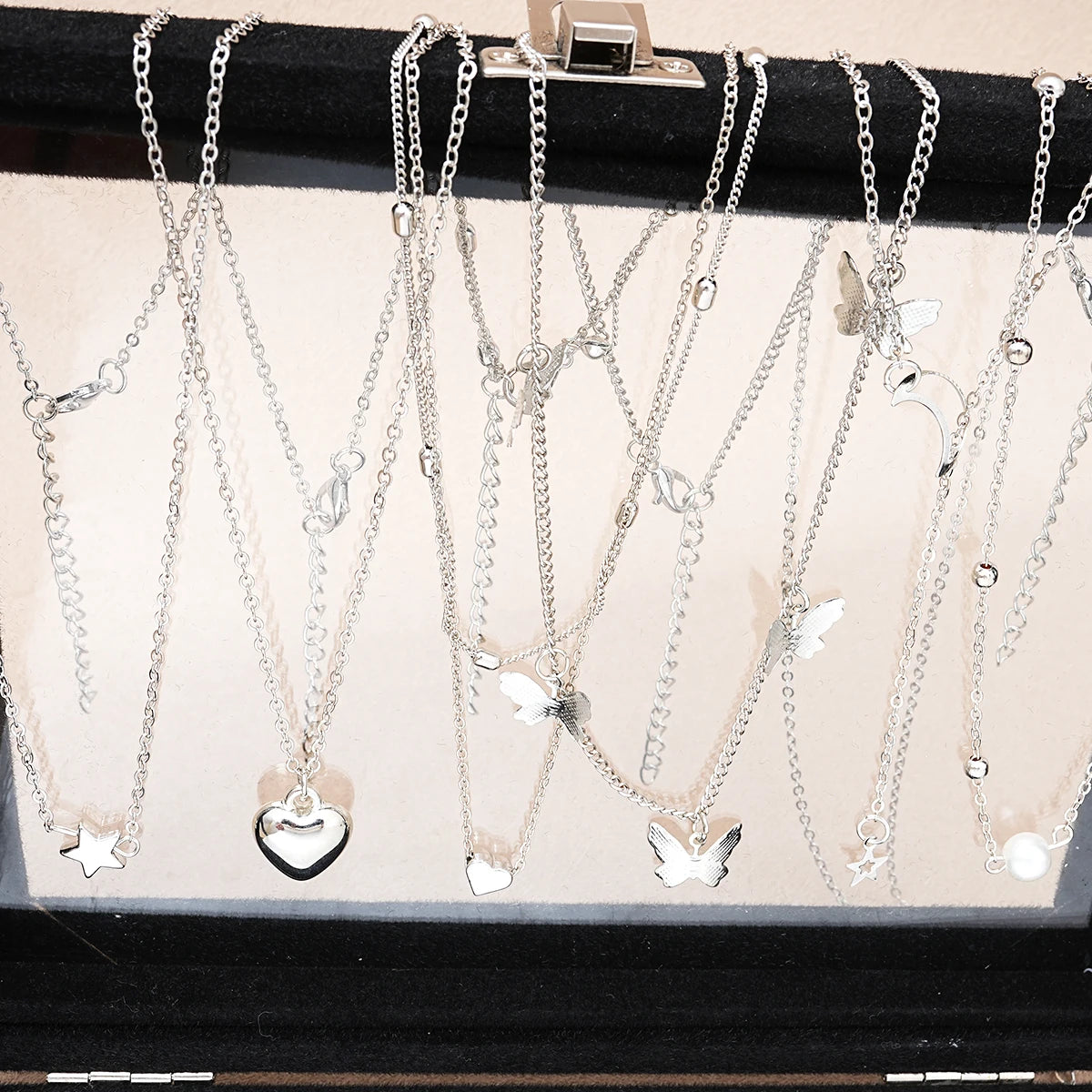 51 Pcs/Set Silver Color Chic Jewelry Set for Women Fashion Butterfly Heart Pearl Necklaces, Earrings, Rings, Match Daily Outfits