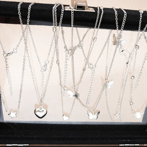 51 Pcs/Set Silver Color Chic Jewelry Set for Women Fashion Butterfly Heart Pearl Necklaces, Earrings, Rings, Match Daily Outfits