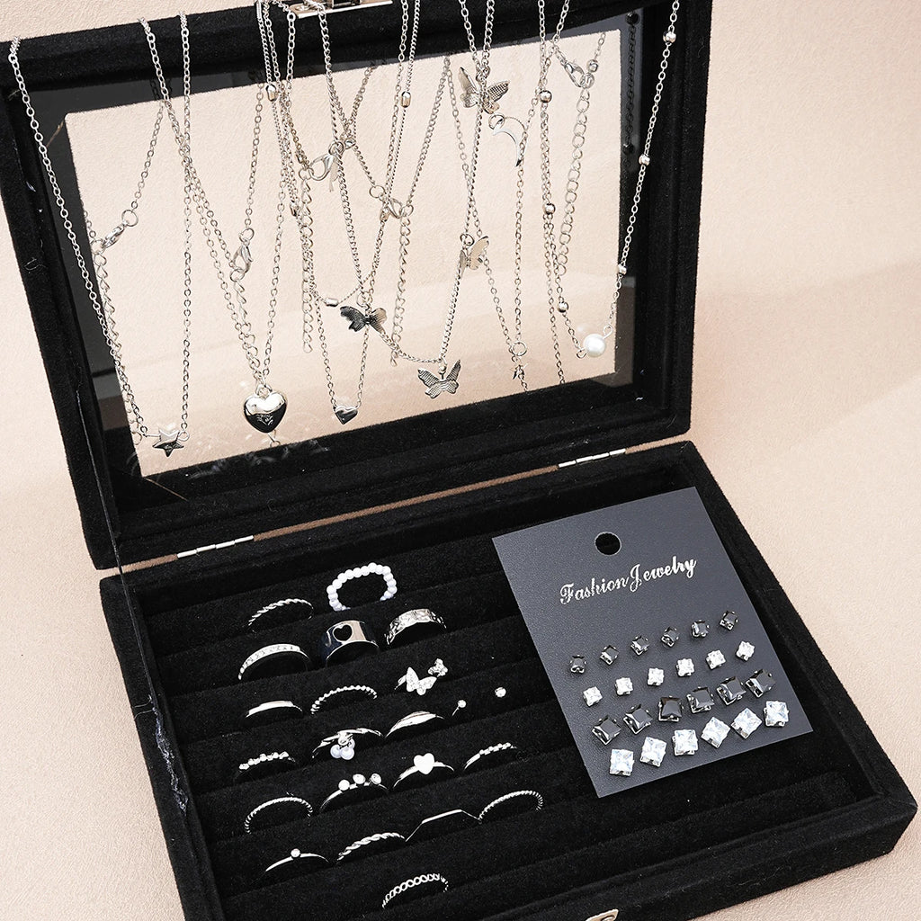 51 Pcs/Set Silver Color Chic Jewelry Set for Women Fashion Butterfly Heart Pearl Necklaces, Earrings, Rings, Match Daily Outfits