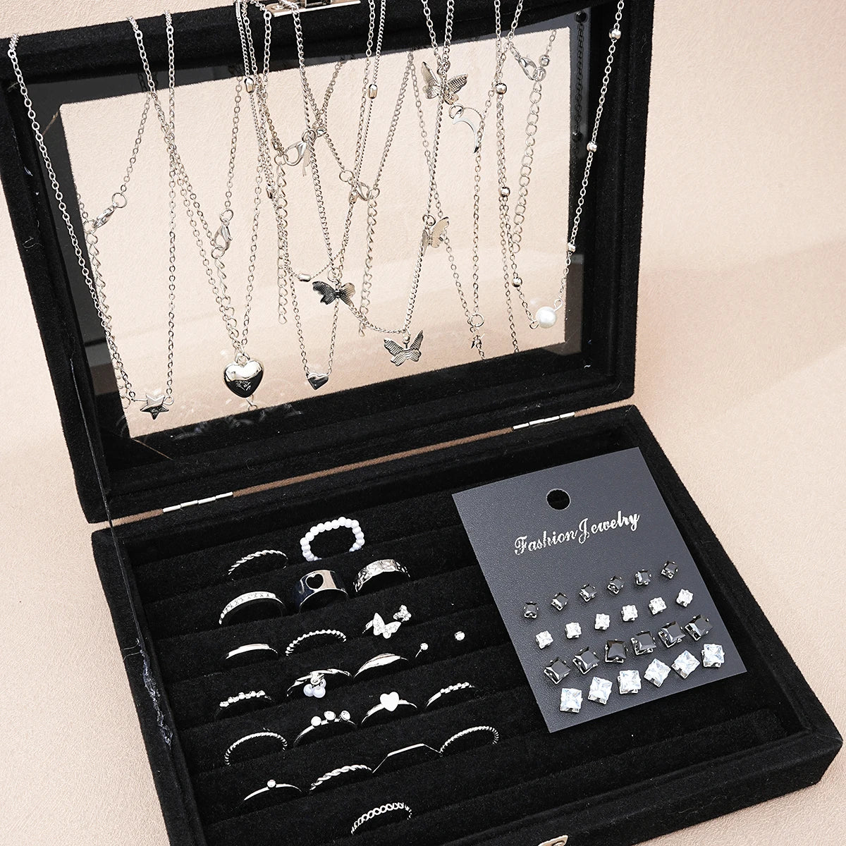 51 Pcs/Set Silver Color Chic Jewelry Set for Women Fashion Butterfly Heart Pearl Necklaces, Earrings, Rings, Match Daily Outfits
