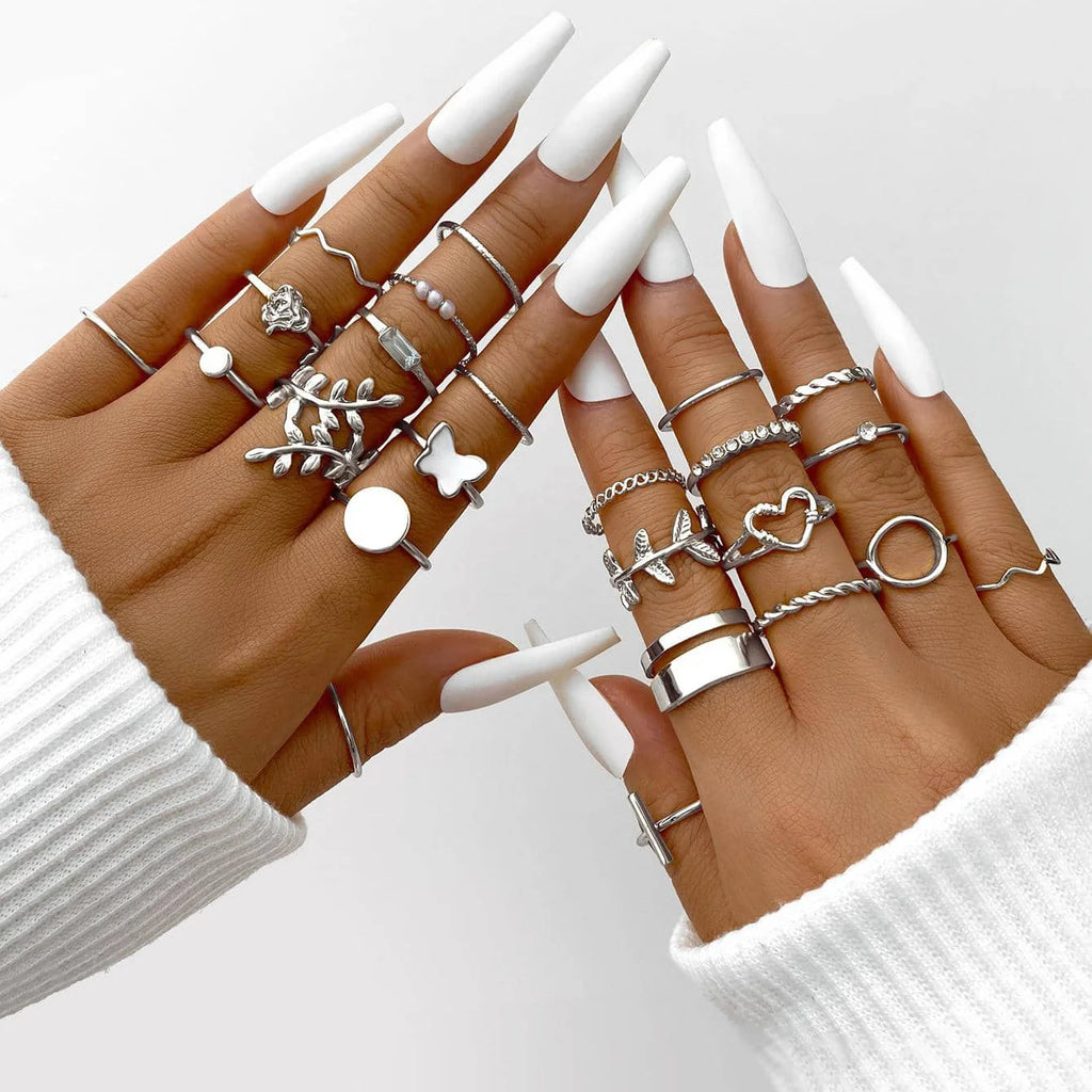 58PCS Vintage Heart Snake Butterfly Rings Set for Women Fashion Metal Gold Plated Geometric Hollow Finger Ring Jewelry Gifts New