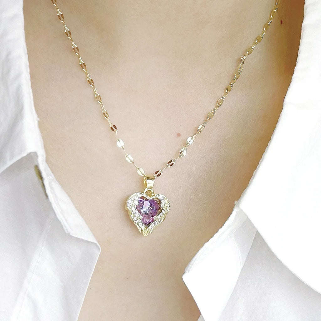 Iridescent Heart Necklace - Gold-Tone Alloy, Colorful Shimmering Heart Pendant, Cubic Zirconia Accents, Dainty Chain Fashion